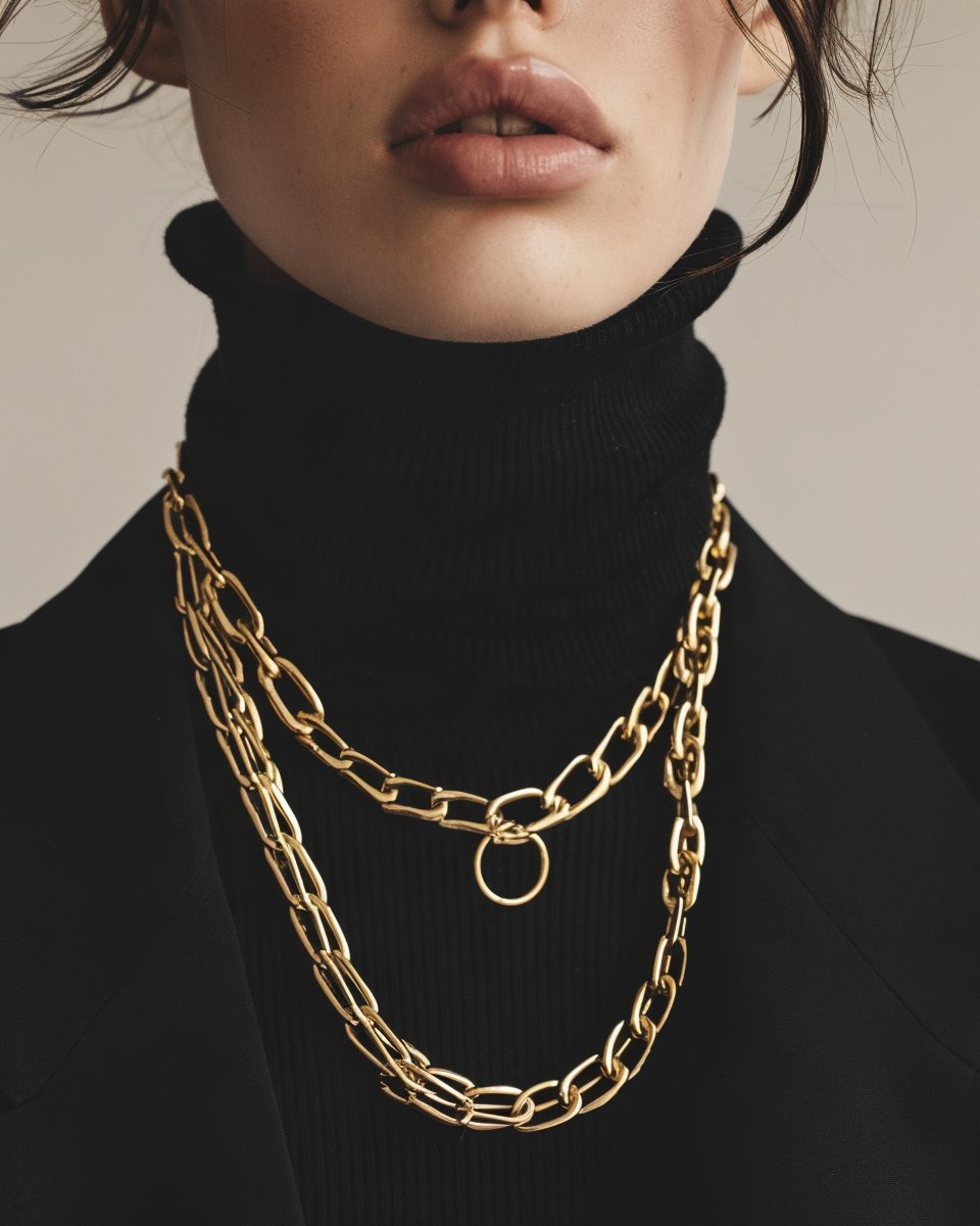 Black turtleneck with layered gold chains at different lengths and one pendant