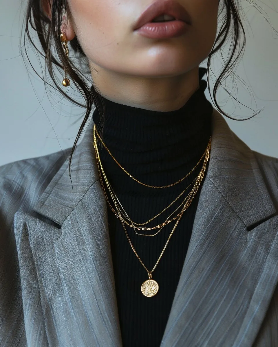 Black turtleneck under a grey blazer with a long gold pendant necklace worn over the knit