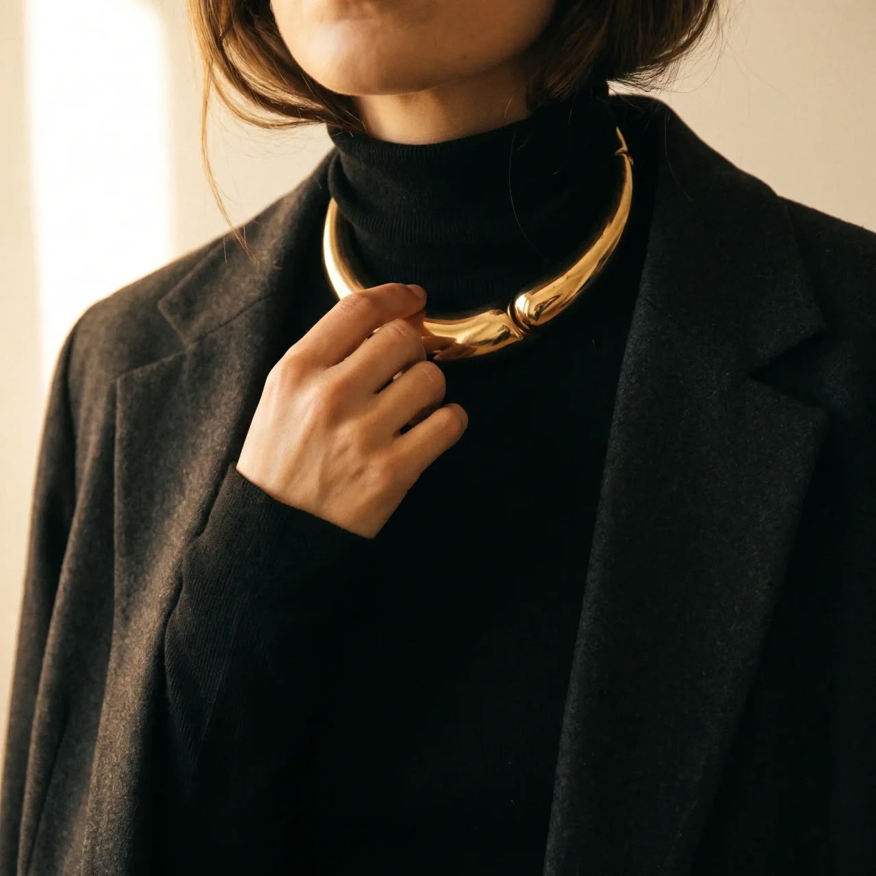Woman adjusting a sculptural polished gold collar necklace over a black turtleneck, charcoal blazer over shoulders